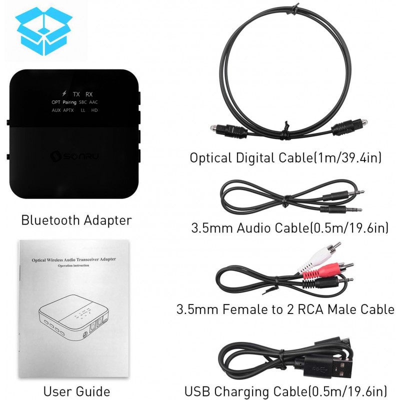 Bluetooth 5.0 Wireless Audio Adapter Transmitter Receiver with Toslink AUX  RCA for TV PC Stereo System Headphones Speaker