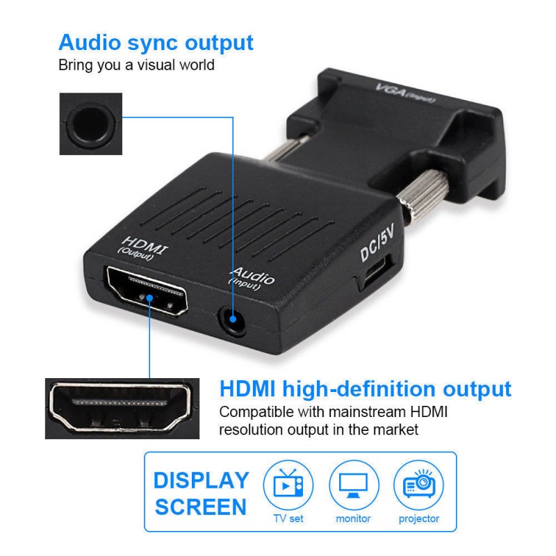 VGA to HDMI Male to Female Video Adapter Cable Converter with Audio HD ...