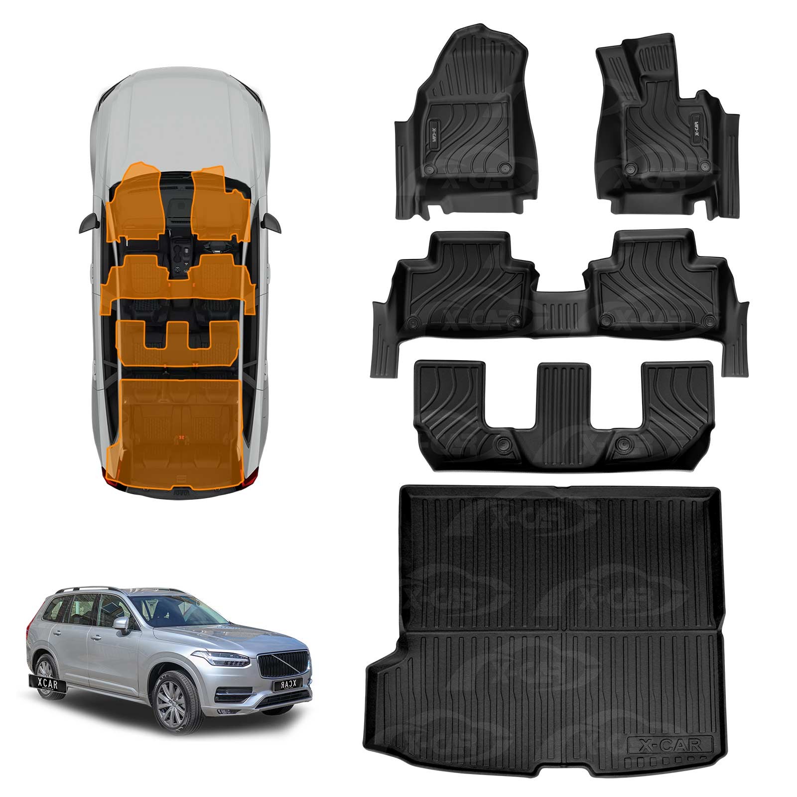 3D Floor Mats Boot Liner for Volvo XC90 Series PHEV 2015-Onwards All ...