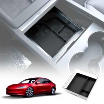 Tesla Model 3 Highland 2023-2025 Premium Centre Console Front Organizer Tray Storage Box Drawer Container with Black Silicone Mat