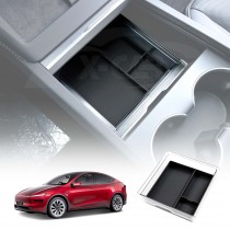 Centre Console Front Organizer Tray for Tesla Model Y L 6-Seat 2026-Onwards Premium Storage Box Drawer Container with Black Silicone Mat