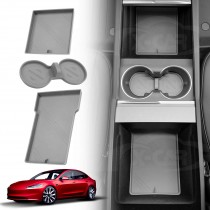 Grey Soft Silicone Organizer Pad Set for Tesla Model 3 Highland 2023-2025 Center Console Armrest Storage Cup Holder Coaster Non-Slip Mat