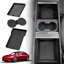 Black Soft Silicone Organizer Pad Set for Tesla Model 3 Highland 2023-24 Center Console Armrest Storage Cup Holder Coaster Non-Slip Mat