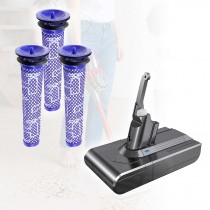 Replacement Battery and 3x Washable Pre Filter for Dyson V8 Absolute/V8 Animal/SV10/214730-01/215866/215681 Handheld Cordless Vacuum