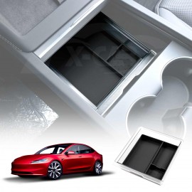 Tesla Model 3 Highland 2023-2025 Premium Centre Console Front Organizer Tray Storage Box Drawer Container with Black Silicone Mat