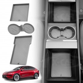 Organizer Pad Set for Tesla Model Y Juniper 2025-Onwards Center Console Armrest Storage Cup Holder Coaster Grey Soft Silicone Non-Slip Mat