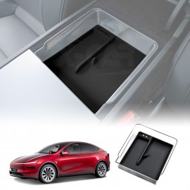 Centre Console Mid Organizer Tray for Tesla Model Y L 6-Seat 2026-Onwards Premium Storage Box Drawer Container with Black Silicone Mat