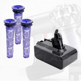 4.0Ah Replacement Battery and 3x Washable Pre Filter for Dyson V6 DC58 DC59 DC62 DC74 SV03 SV05 SV06 SV09 Animal Absolute Handheld Vacuum