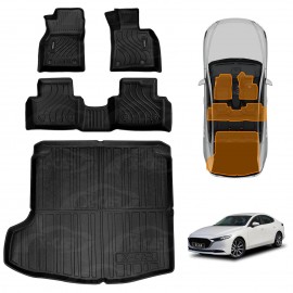 3D Floor Mats Boot Liner Set for Mazda 3 BP Series Sedan 2019-Onwards All Weather Heavy Duty Cargo Car Trunk Luggage Tray