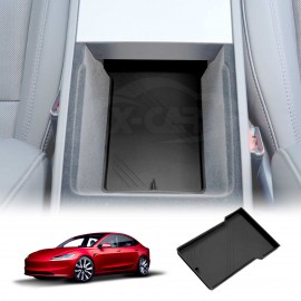 Black Soft Silicone Armrest Storage Organizer Mat for Tesla Model 3 Highland 2023-2025 Center Console Non-Slip Pad