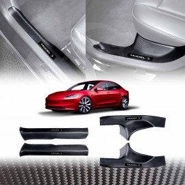 Tesla Model 3 Highland 2023-2025 Carbon Fiber Style Front Rear Door Sill Plate Protector Car Threshold Scuff Trim Covers Guards Accessories