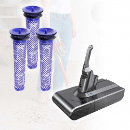 Replacement Battery and 3x Washable Pre Filter for Dyson V8 Absolute/V8 Animal/SV10/214730-01/215866/215681 Handheld Cordless Vacuum